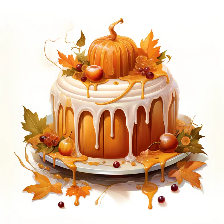 Pumpkin Cake with Dripping Icing and Leaves