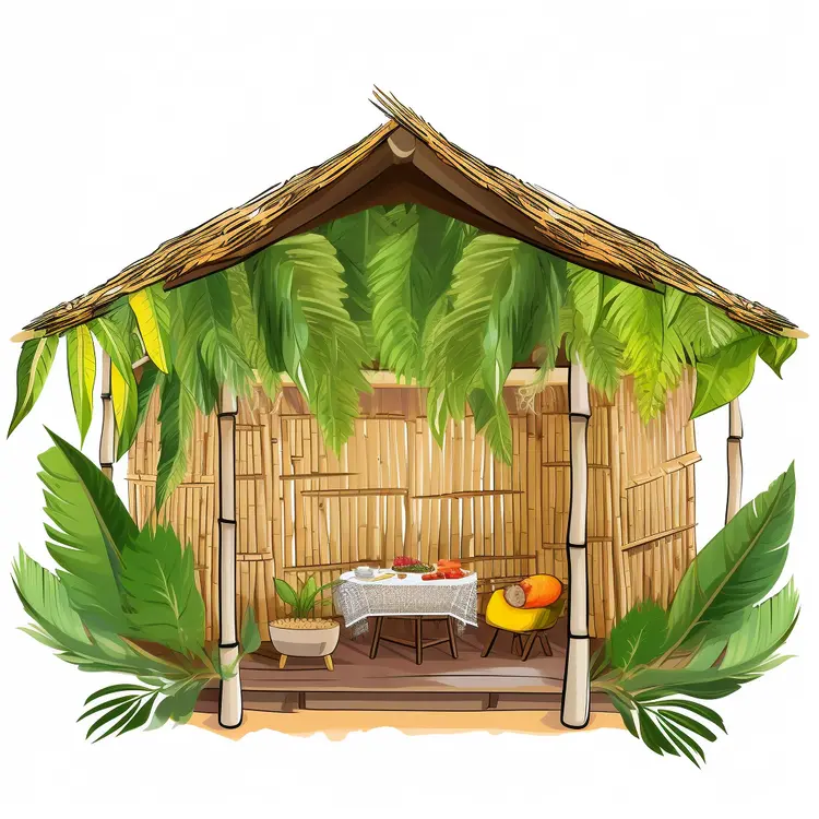 Tropical Bamboo Hut with Palm Leaves