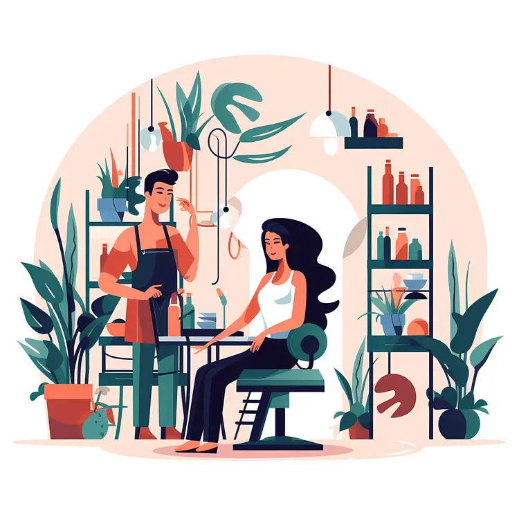 Hair Salon Scene with Plants and Stylist