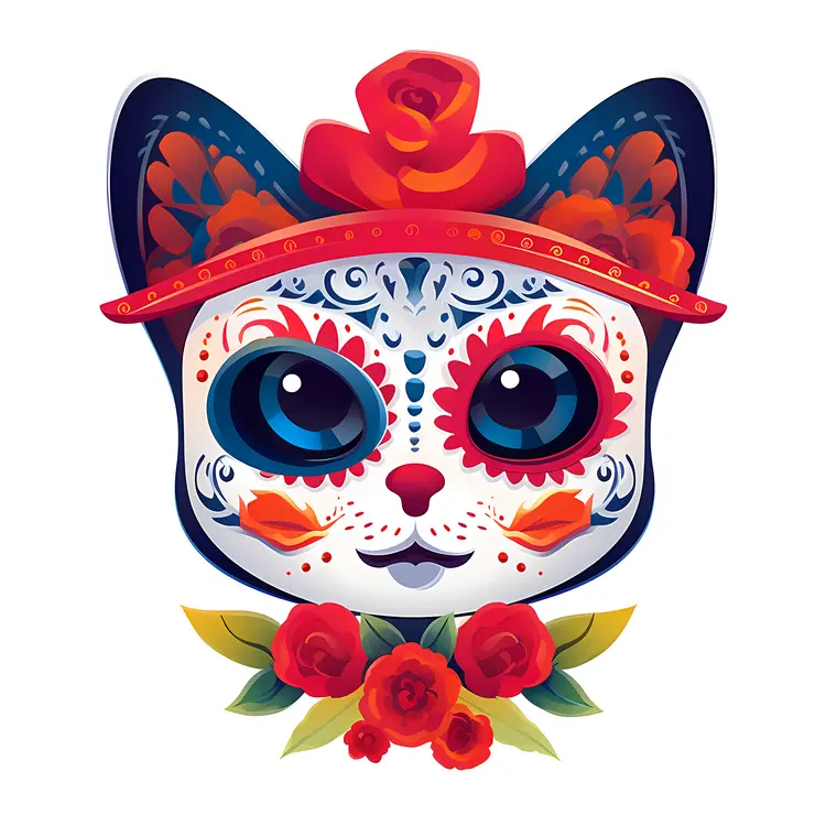 Colorful Cat with Flowers and Hat for Day of the Dead Celebration