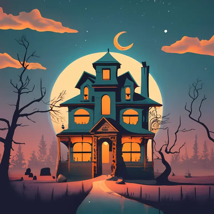 Spooky Haunted House with Full Moon