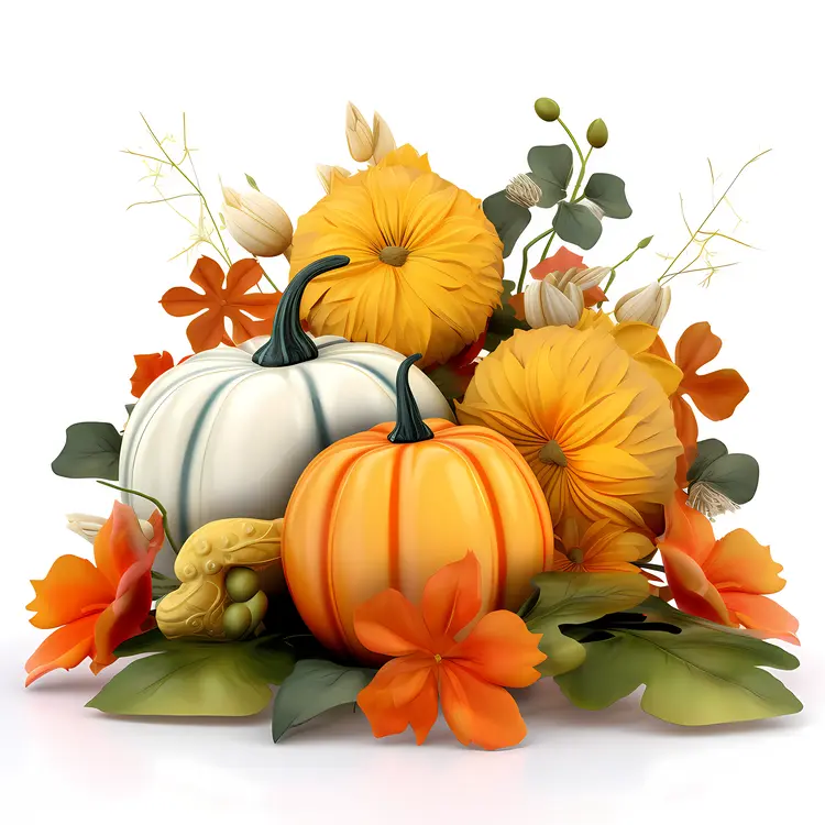 Autumn Decoration with Pumpkins and Flowers
