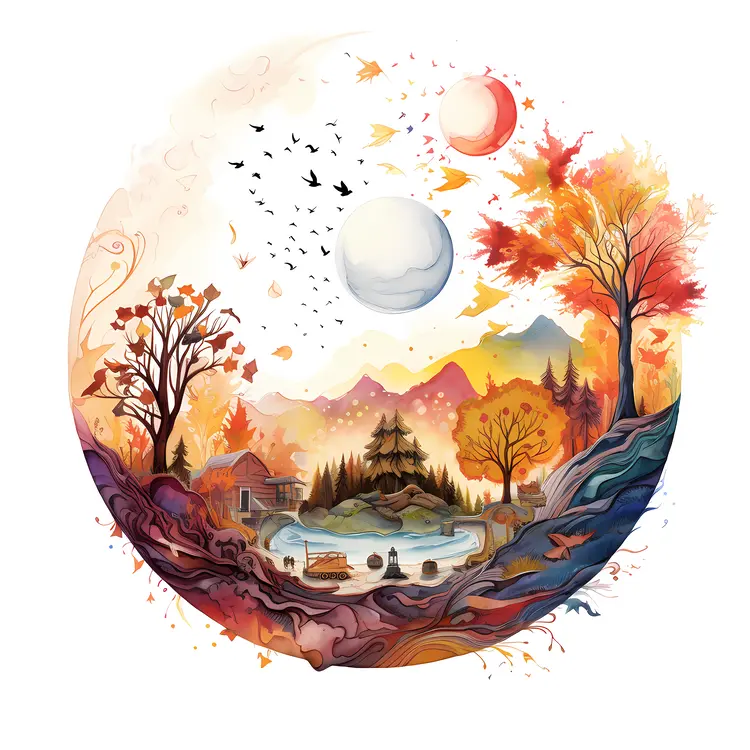 Autumn Landscape with Trees and Mountains
