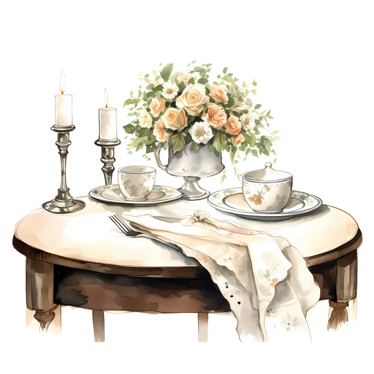 Tea Table Setting with Candles and Flowers