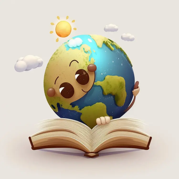 Cute Cartoon Earth Reading a Book