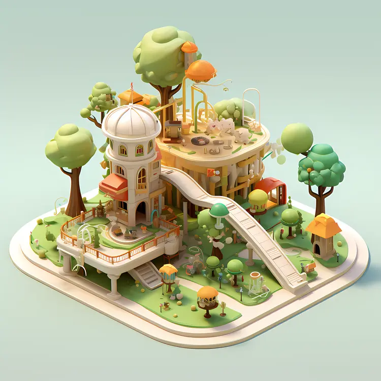 Cute Playground with Trees and Slides
