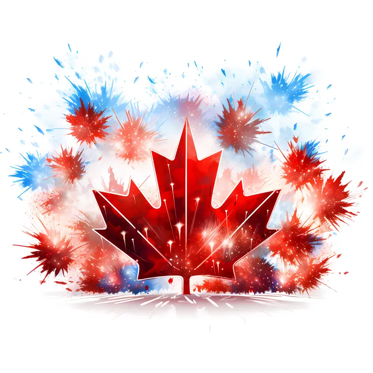 Maple Leaf with Colorful Fireworks