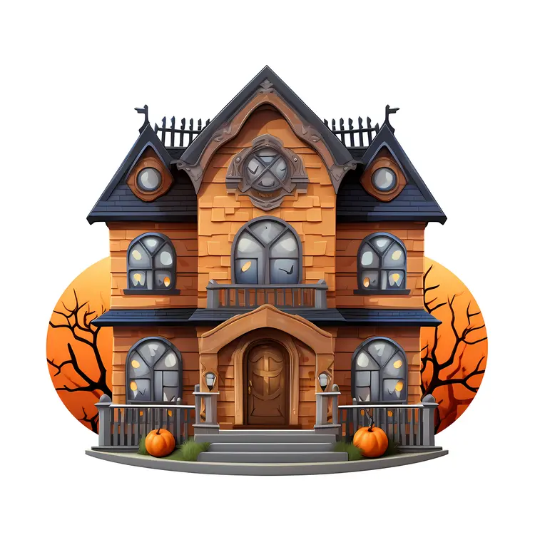 Spooky Haunted House with Pumpkins for Halloween