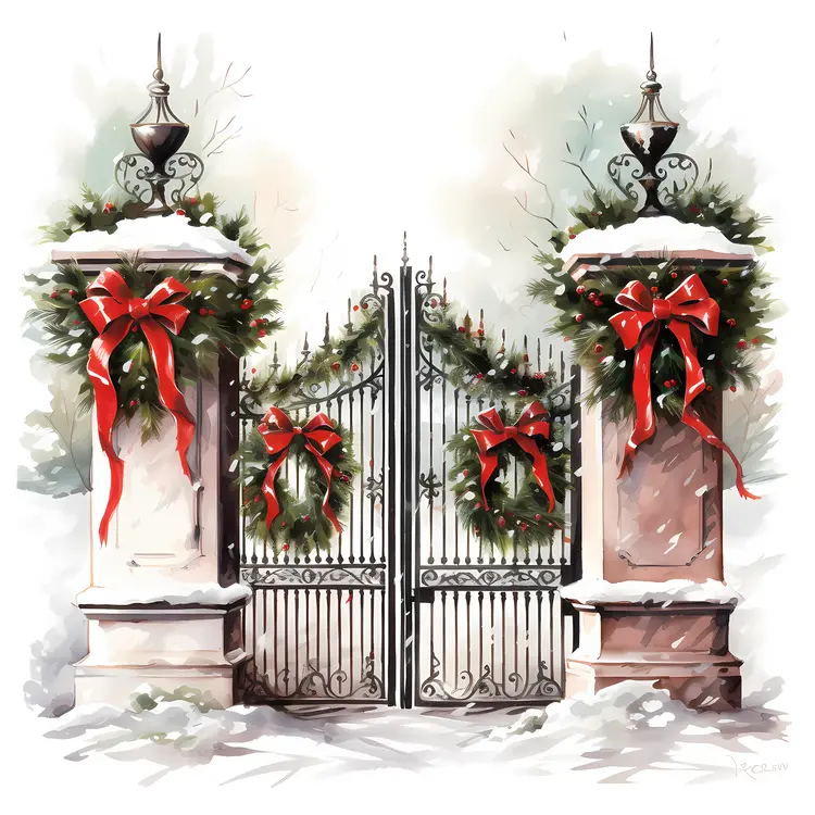 Snowy Christmas Gate with Wreaths and Garland