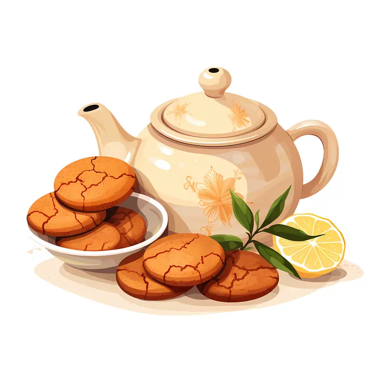 Floral Teapot with Cookies and Lemon Slices