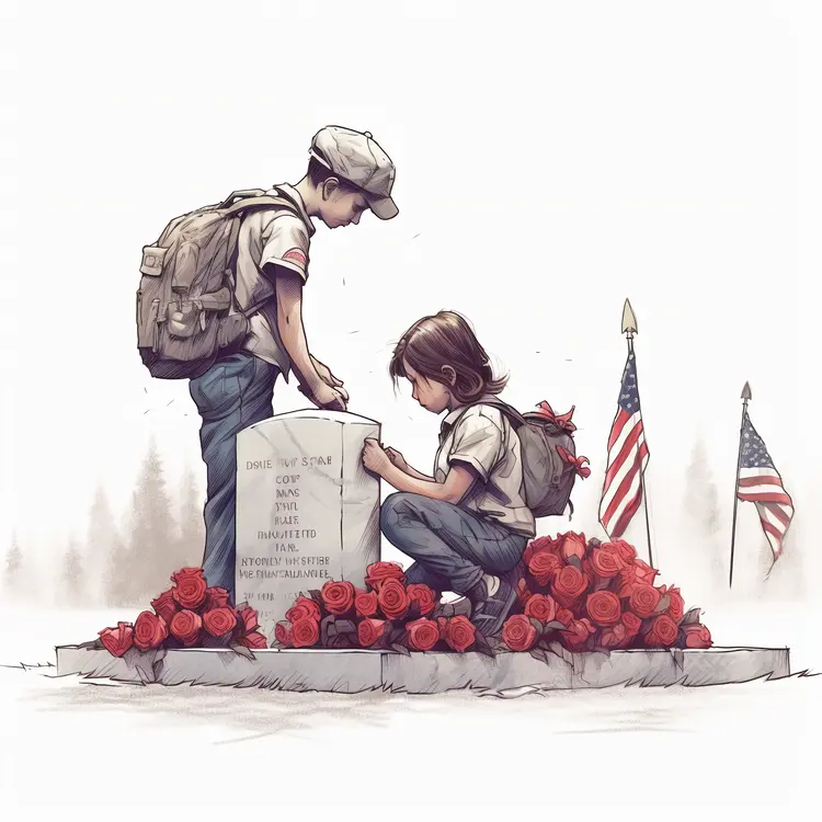 Children Paying Tribute at a Memorial Tombstone
