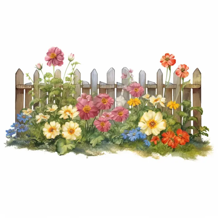 Vibrant Garden with Blooming Flowers and Wooden Fence