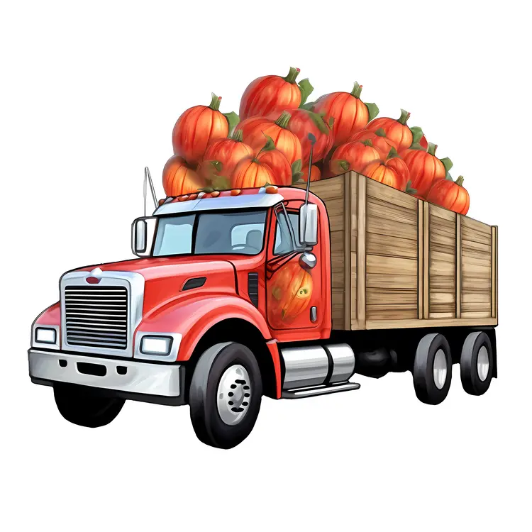 Cartoon Red Truck Carrying Pumpkins