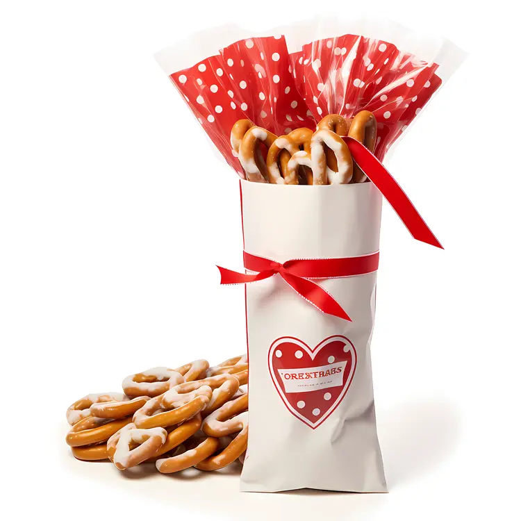 Pretzels in White Bag with Red Ribbon