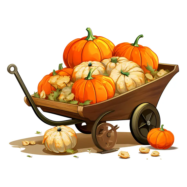 Pumpkins in Wooden Wheelbarrow with Leaves