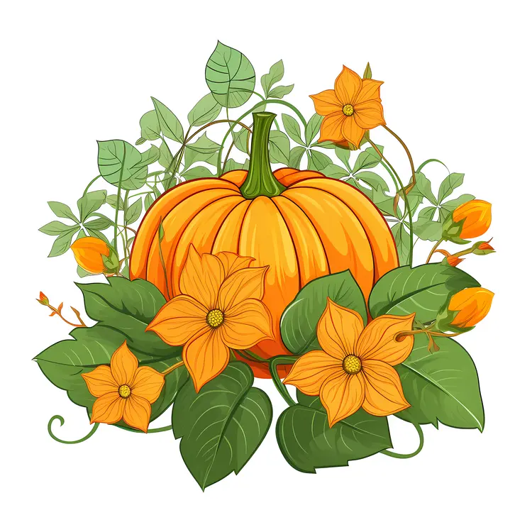 Pumpkin with Flowers and Leaves