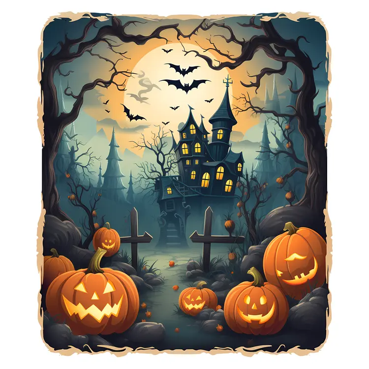 Haunted House with Pumpkins and Bats