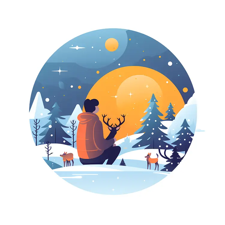 Man with Deer in Winter Landscape