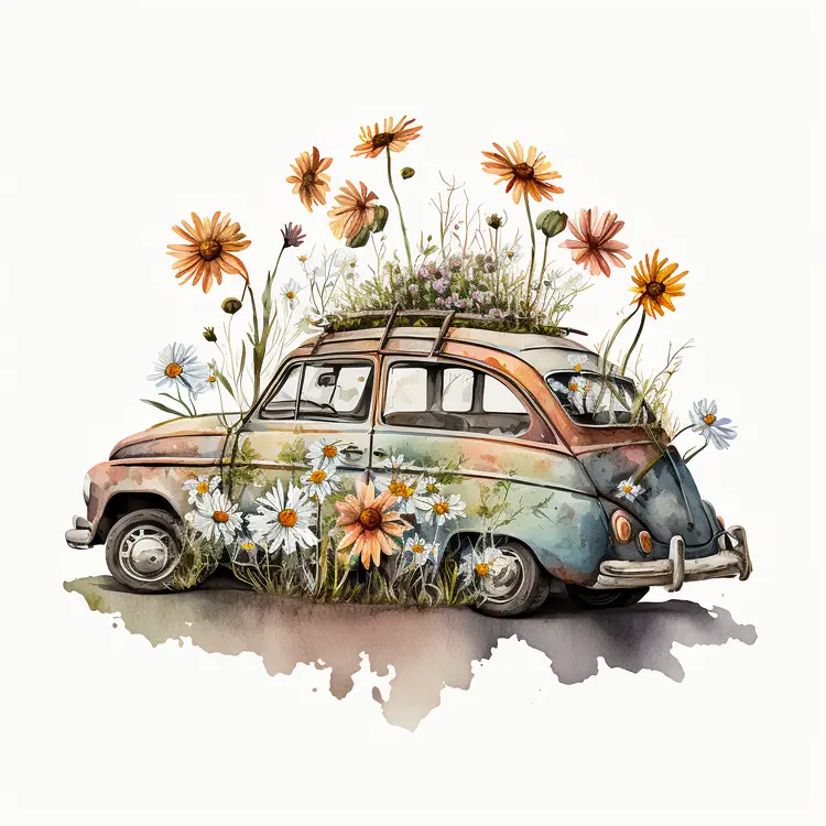 Vintage Car with Flowers Illustration