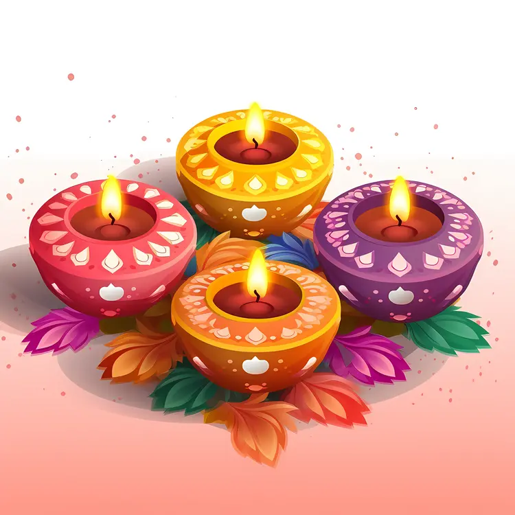 Colorful Diya Lamps with Floral Design for Diwali