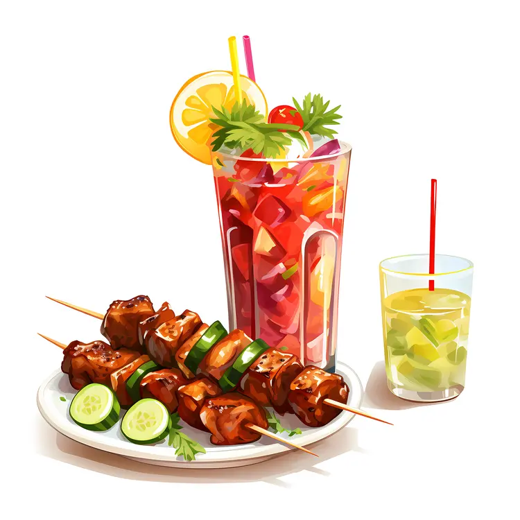 Grilled Skewers and Fruit Drink