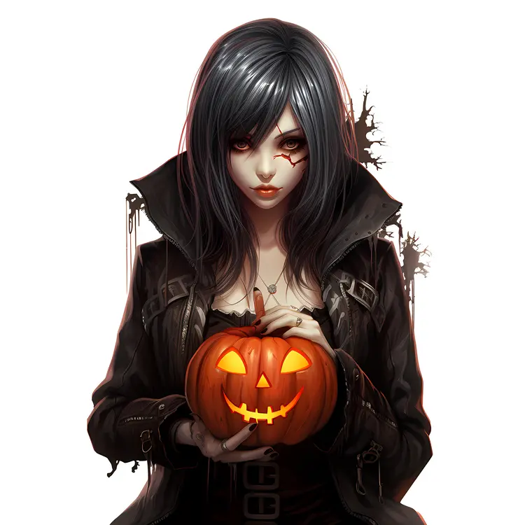 Gothic Woman Holding a Jack-o'-Lantern
