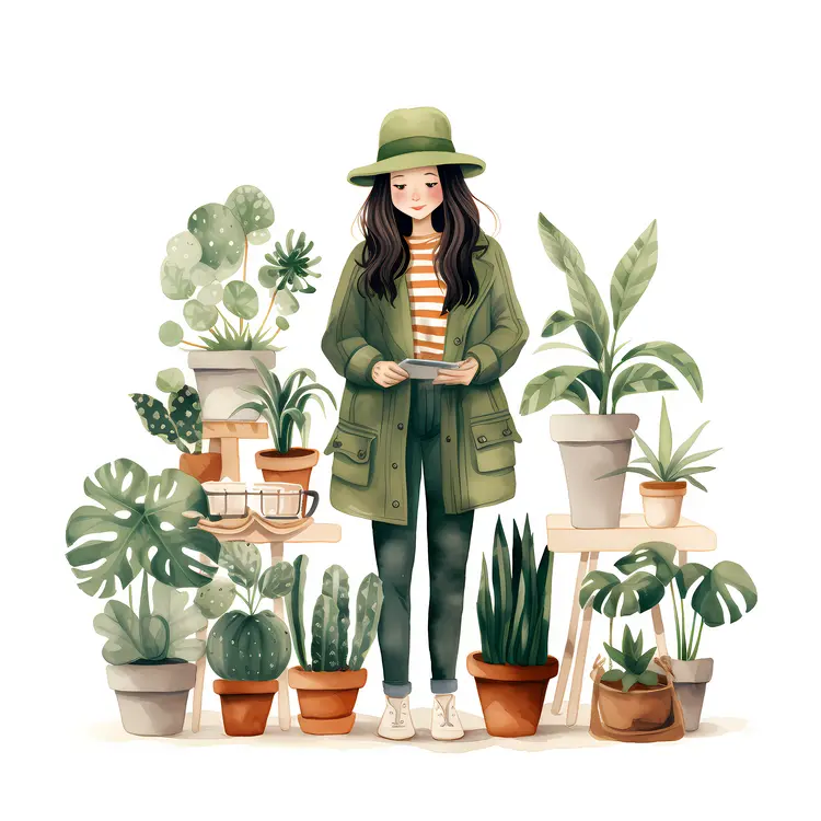 Woman Surrounded by Potted Plants