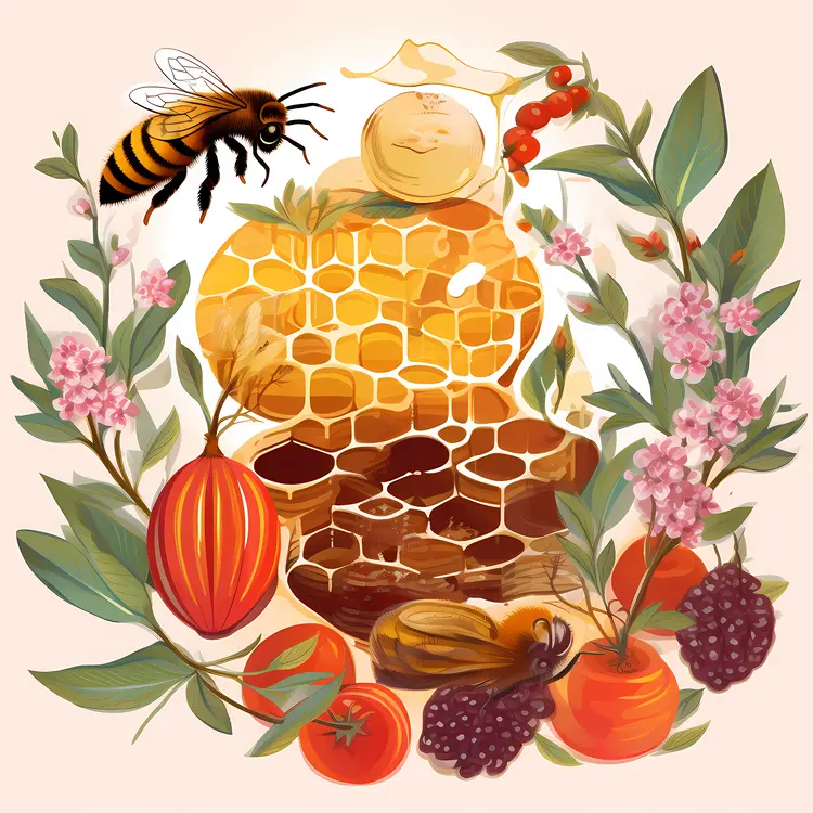 Beautiful Honeycomb with Bees and Fruits Illustration