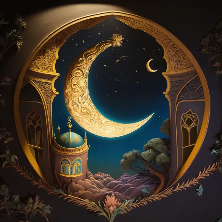 Beautiful Crescent Moon with Islamic Architecture for Ramadan