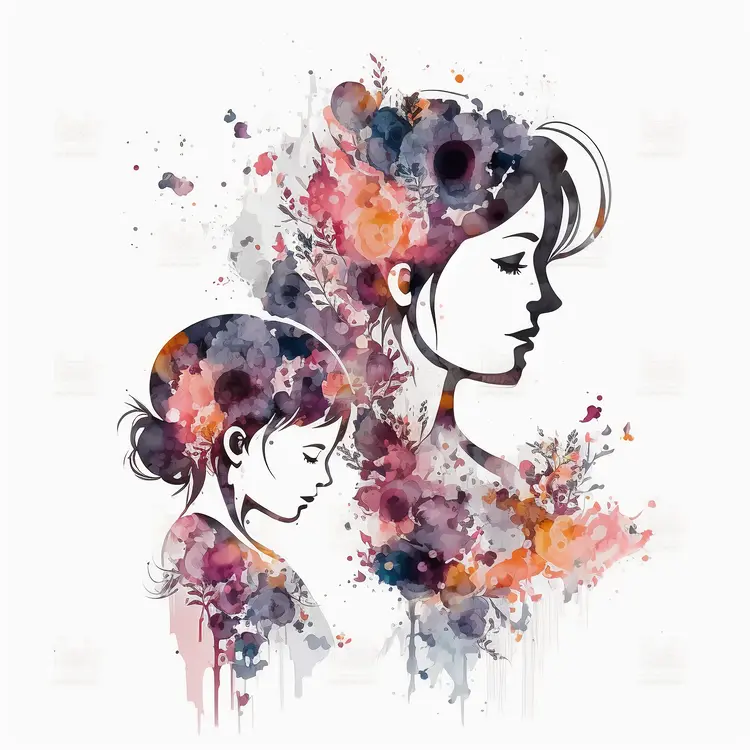 Artistic Watercolor Silhouette of Mother and Child
