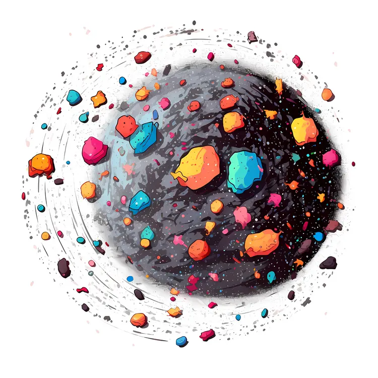 Colorful Asteroid with Orbiting Rocks