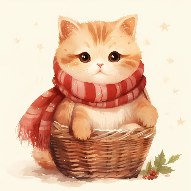 Cute Kitten in Basket with Red Scarf