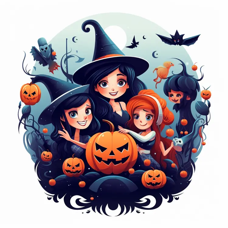 Cute Witches with Pumpkins and Bats