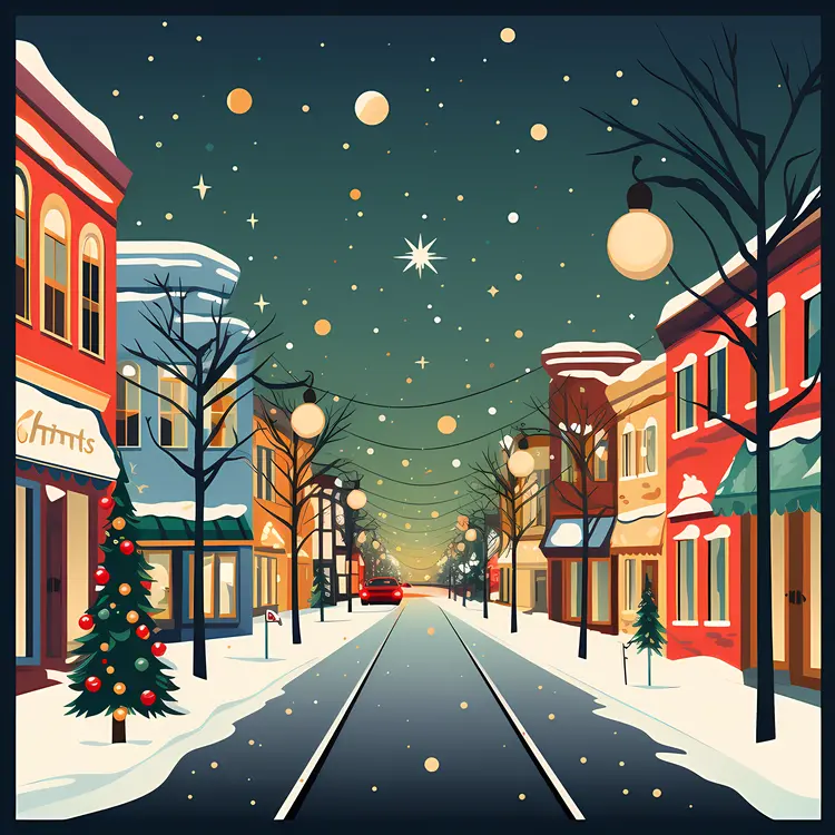 Snowy Street with Christmas Lights
