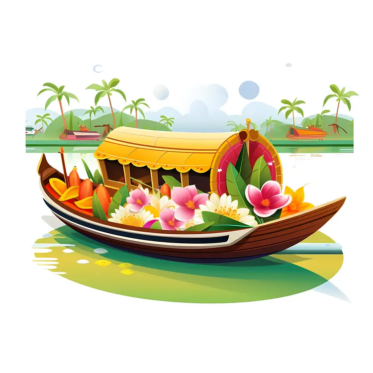 Decorated Boat with Flowers on a Scenic River