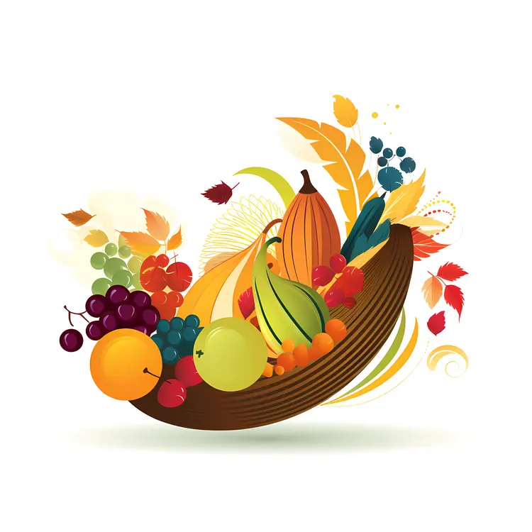Colorful Cornucopia Basket with Fruits and Autumn Leaves