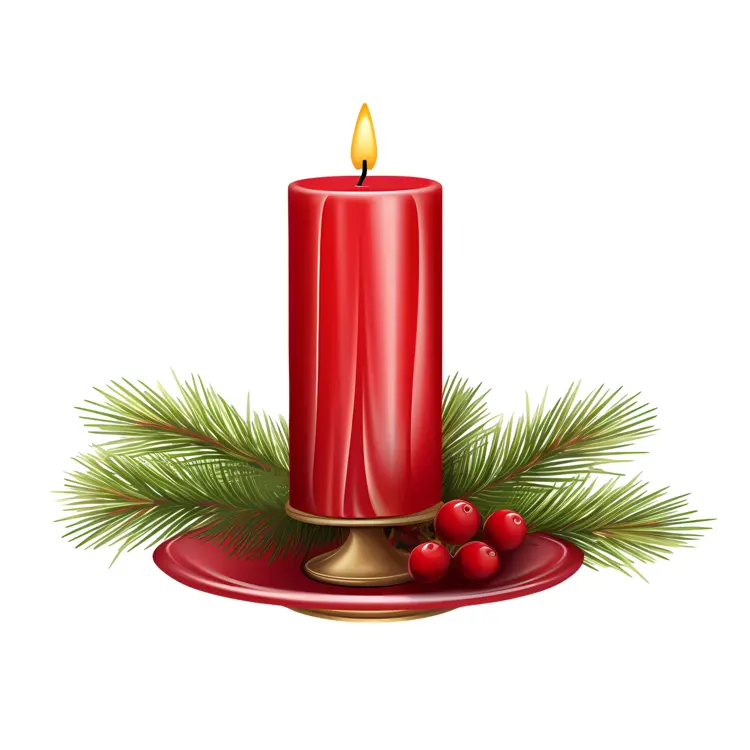 Red Candle with Pine and Berries