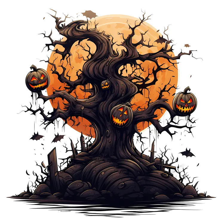 Spooky Halloween Tree with Pumpkins and Full Moon