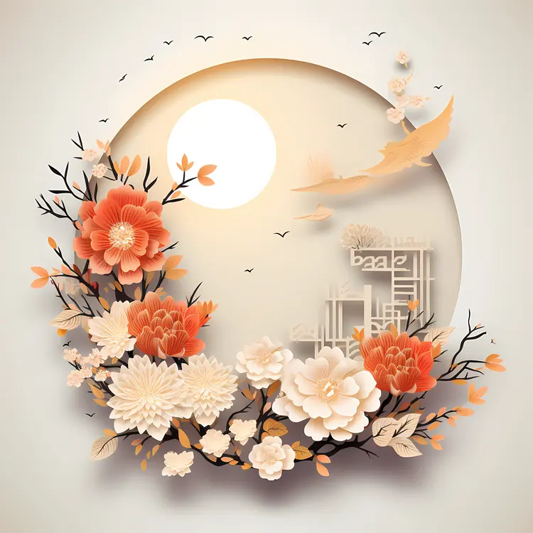 Floral Art with Moon and Orange Flowers