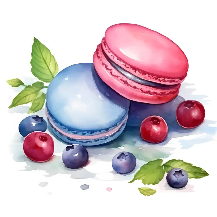 Blue and pink macarons with berries and mint