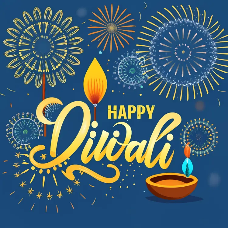 Happy Diwali with Fireworks and Single Diya