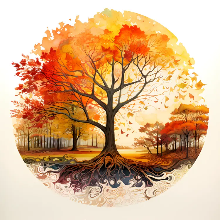 Autumn Tree with Forest and Leaves