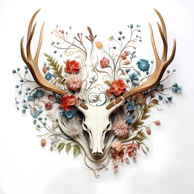 Deer Skull with Floral Art