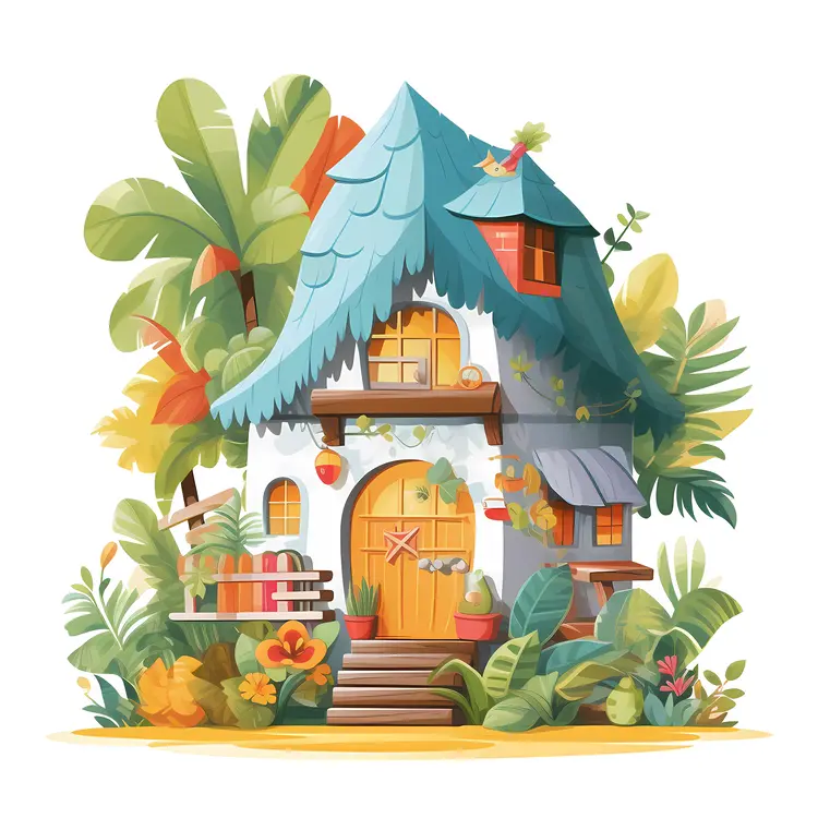 Whimsical Fairy Tale House Surrounded by Lush Garden