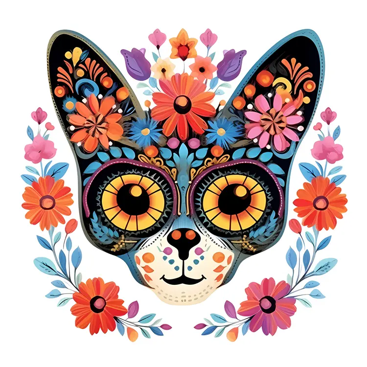 Colorful Floral Cat Illustration for Day of the Dead