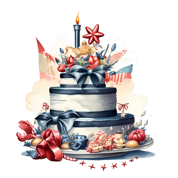 Decorative Cake with Ribbons and Candles