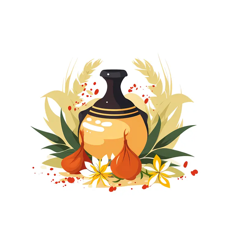 Decorative Pot with Flowers and Leaves