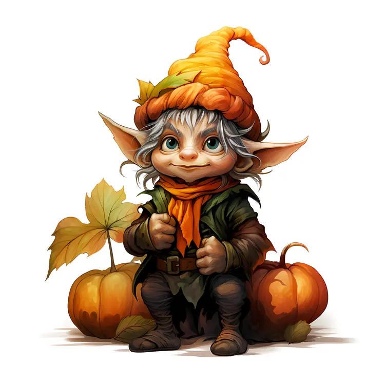 Elf with Orange Scarf and Pumpkins