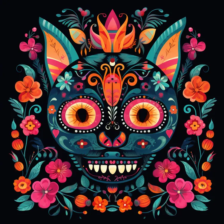Colorful Sugar Skull with Floral Decorations for Day of the Dead