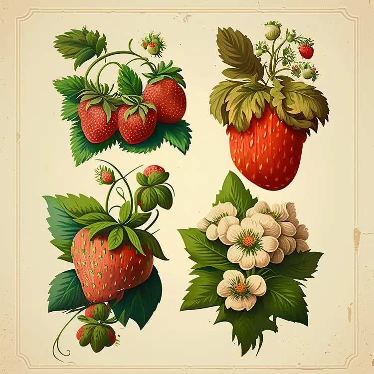 Beautiful Strawberry Illustrations with Leaves and Flowers
